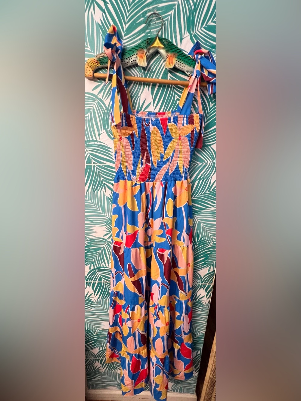 Colorful Tropical Print Maxi Sundress Sz M w/ tie straps